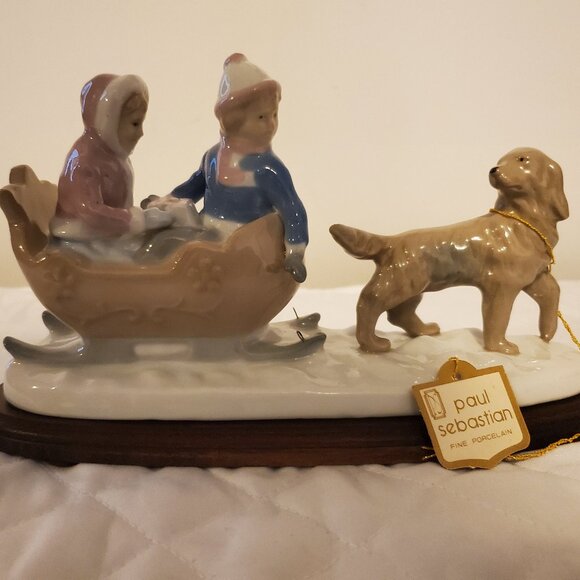 Paul Sebastian Sleigh Ride Dog & Children Porcelain Figurine - Picture 1 of 5